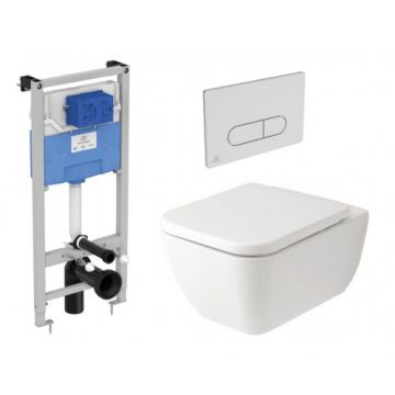 Set vas Wc Gala Emma Square suspendat cu capac soft-close si rezervor Prosys 120 incastrat cu clapeta Oleas M1 crom - Montaj suspendat