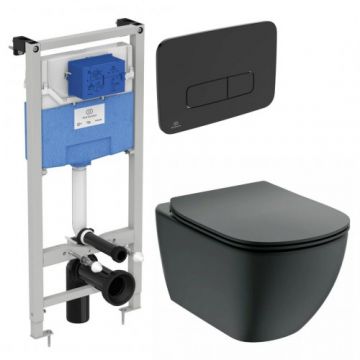 Set vas Wc Ideal Standard Tesi Aquablade suspendat + capac soft-close slim negru mat + rezervor Prosys + clapeta Oleas M3 - Montaj suspendat
