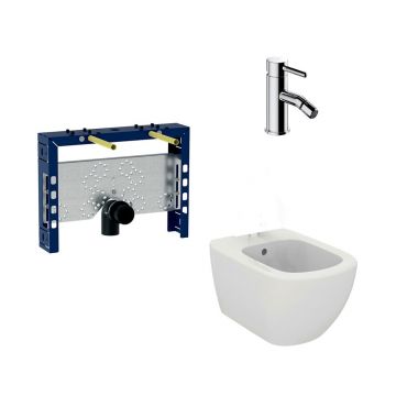 Pachet rama instalare Geberit Kombifix, bideu suspendat Ideal Standard Tesi alb si baterie bideu Omnires Y crom