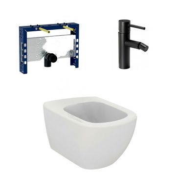 Pachet rama instalare Geberit Kombifix, bideu suspendat Ideal Standard Tesi alb si baterie bideu Rea Tess negru