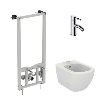 Pachet rama instalare Ideal Standard ProSys, bideu suspendat Ideal Standard Tesi alb si baterie bideu Omnires Y crom