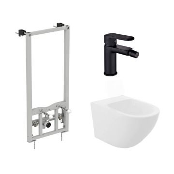 Pachet rama instalare Ideal Standard ProSys, bideu suspendat Rea Carlo alb si baterie bideu Invena Siros negru mat
